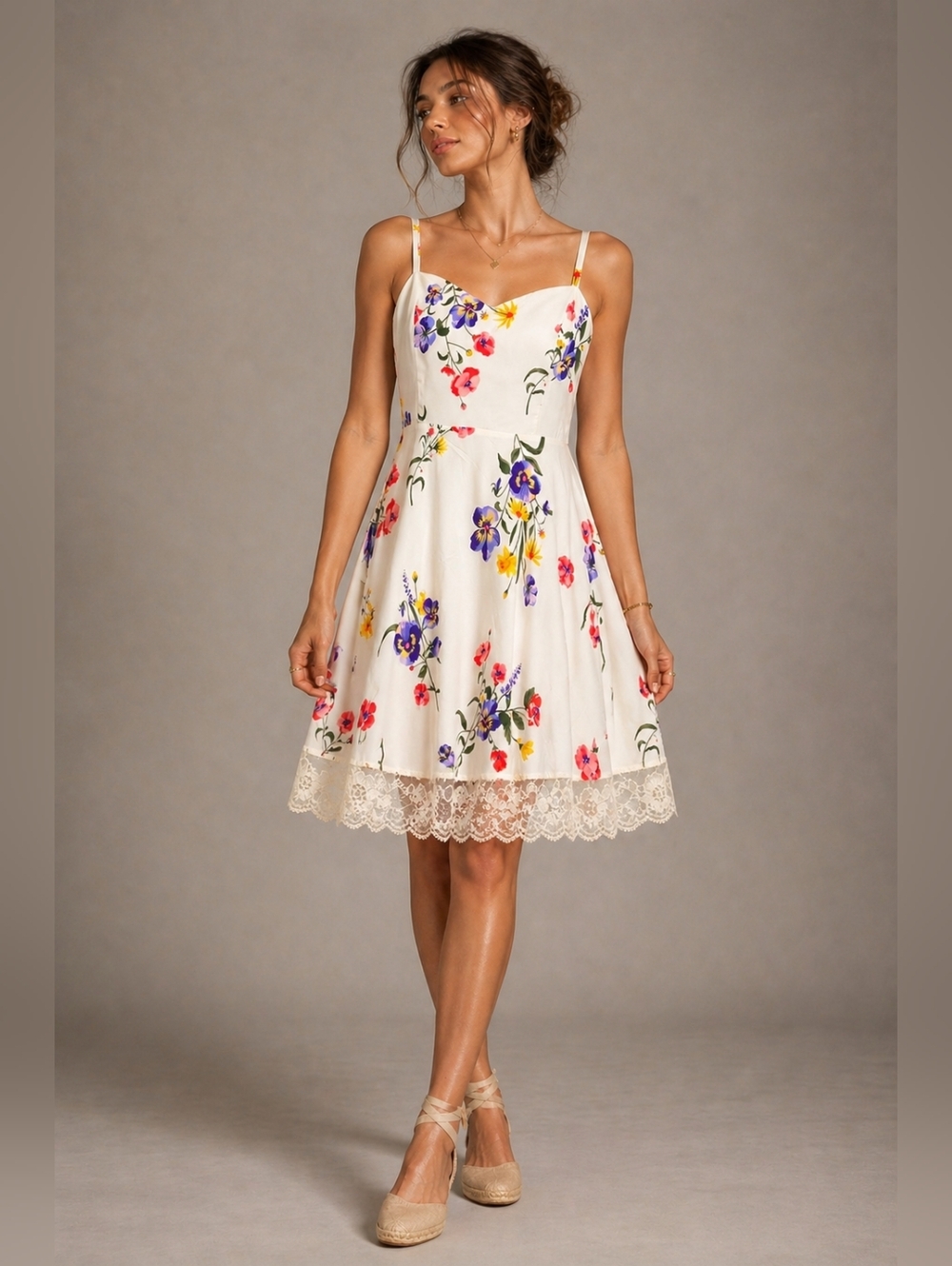 Ivory Floral Mini Dress Vintage Hem Romantic Summer Dress